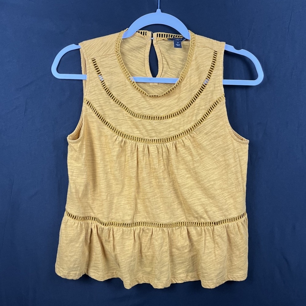 Ann Taylor Petite SP Yellow Sleeveless Eyelet Ladder Trim Peplum Blouse 570045